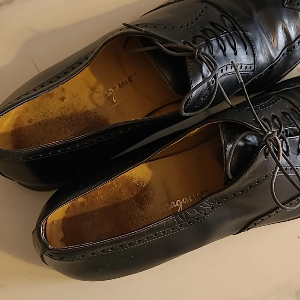 Salvatore Ferragamo Black Leather Lace-up Wingtip Oxfords Shoes Mens 10.5B
